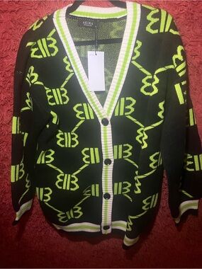 Akira Black & Neon Green B Monogram Cardigan Sweater XL NWT